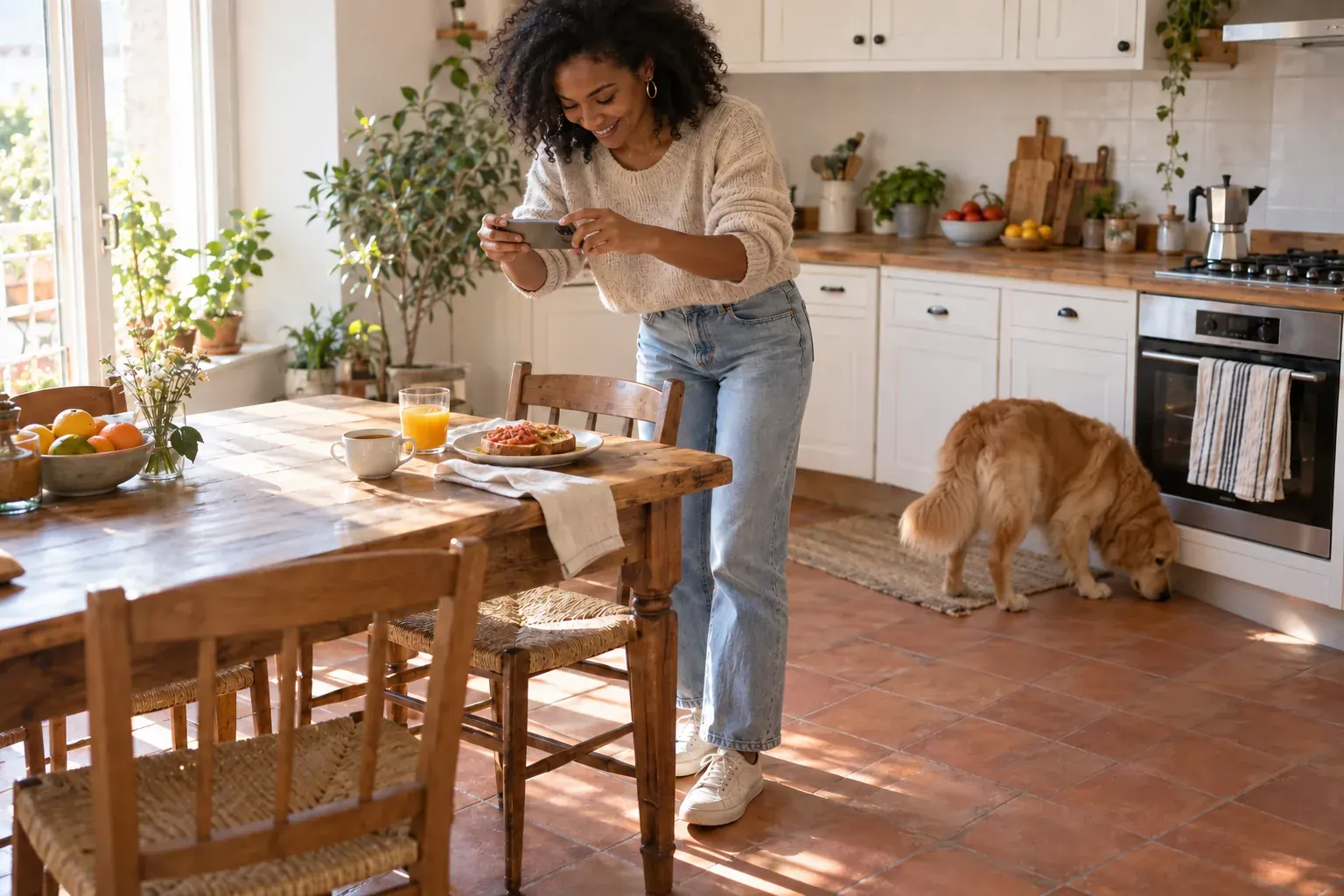 Una mujer sonríe mientras hace una foto a su desayuno; su perro la mira desde el suelo